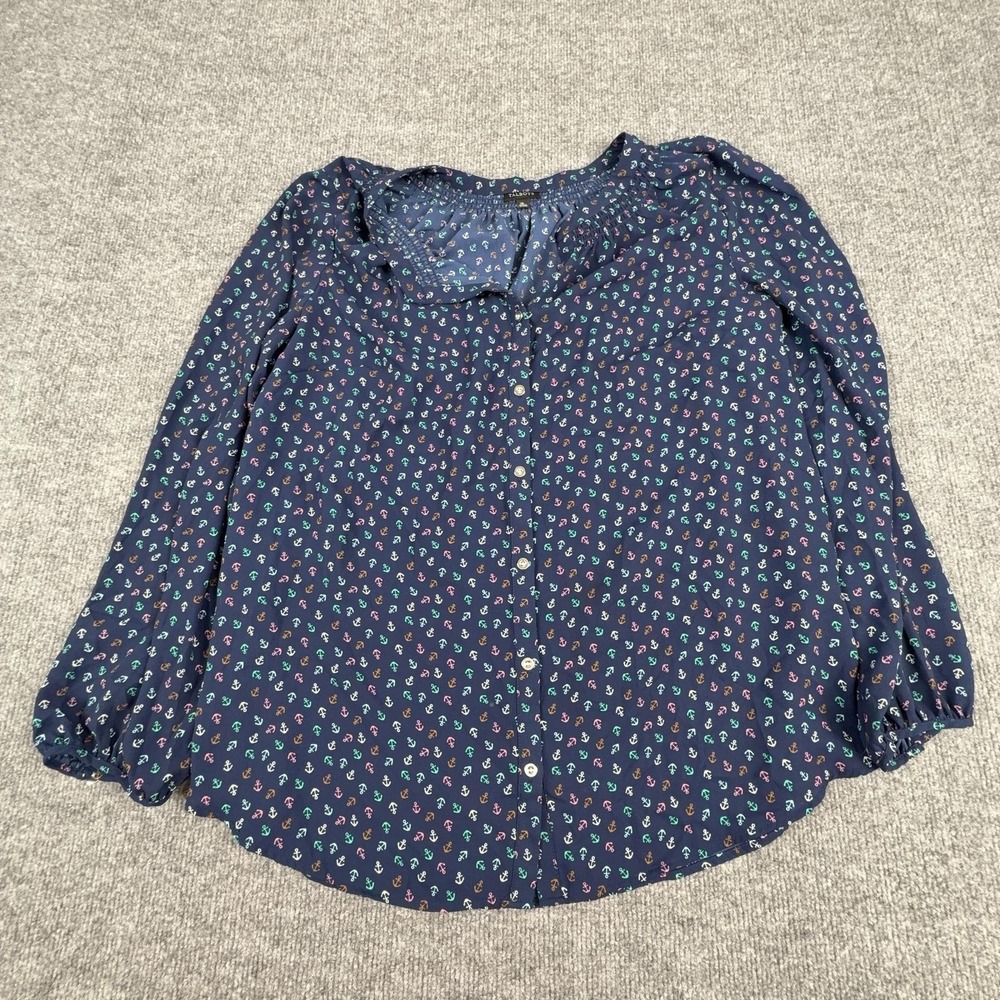 Talbots Blouse Womens XL Blue Anchor Print Button Front Long Sleeve Nautical Top